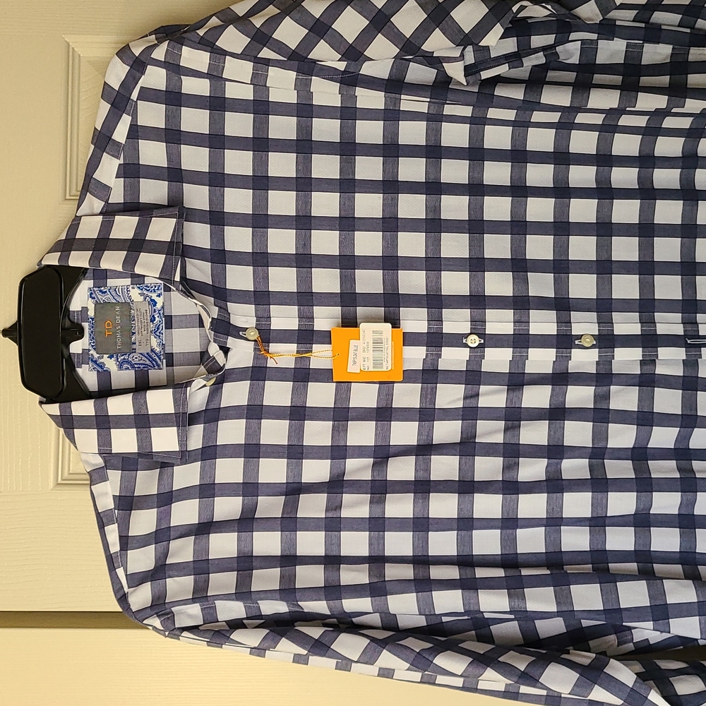 Thomas Dean men's shirt, XXL, Blue and white checkered print